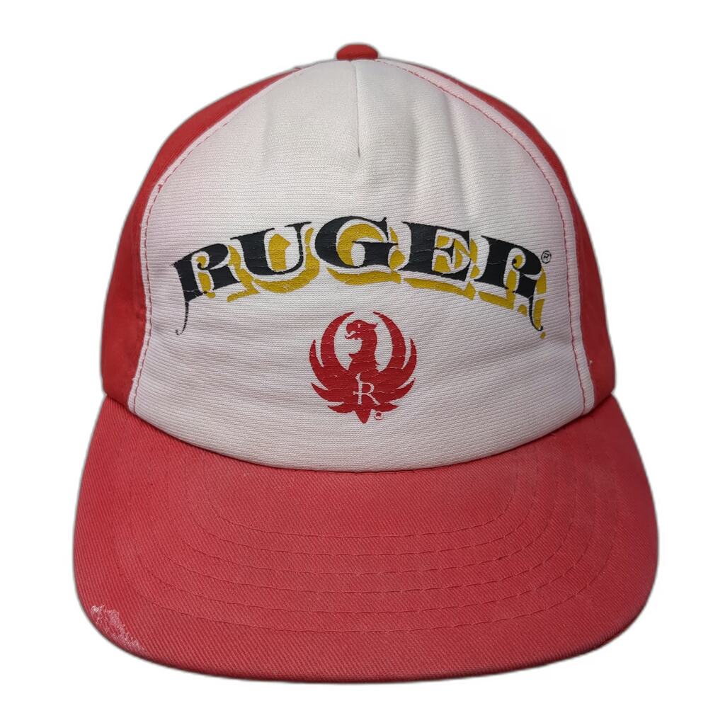 Ruger 5 Panel Red White One Size Hat Snapback Firearm Logo Eagle Graphic Vintage